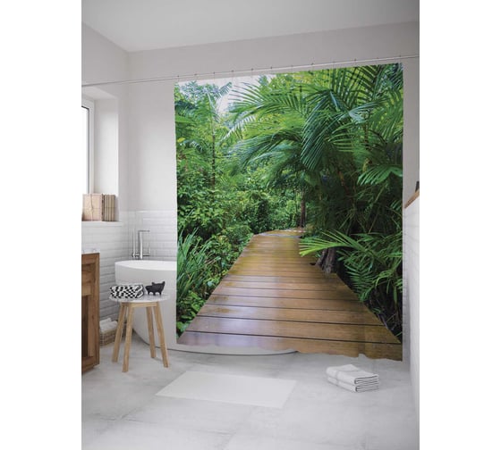 Штора (занавеска) для ванной JoyArty "Мостик через джунгли" из сатена, 180х200 см с крючками, sc_12148 1
