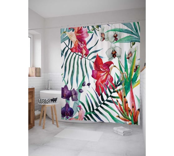 Штора (занавеска) для ванной JoyArty "Тропические растения" из сатена, 180х200 см с крючками, sc_14545 1