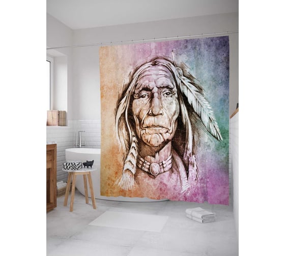 Штора (занавеска) для ванной JoyArty "Мудрый индеец" из сатена, 180х200 см с крючками, sc_13923