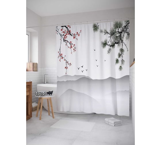 Штора (занавеска) для ванной JoyArty "Вслед за птицами" из сатена, 180х200 см с крючками, sc_17416 1