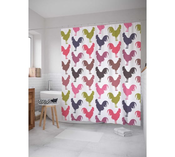 Штора (занавеска) для ванной JoyArty "Петушиная ферма" из сатена, 180х200 см с крючками, sc_10752 1