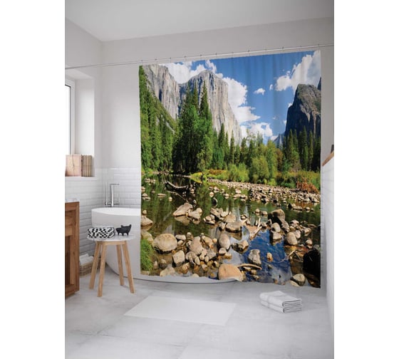 Штора (занавеска) для ванной JoyArty "Каменистая река" из сатена, 180х200 см с крючками, sc_19030 1