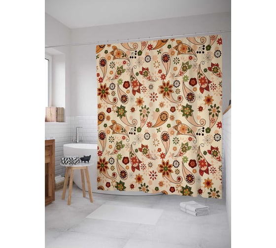 Штора (занавеска) для ванной JoyArty "Цветочные узоры" из сатена, 180х200 см с крючками, sc_13623 1