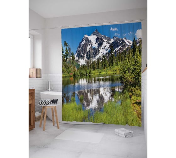 Штора (занавеска) для ванной JoyArty "Зеркальная река в горах" из сатена, 180х200 см с крючками, sc_15202 1