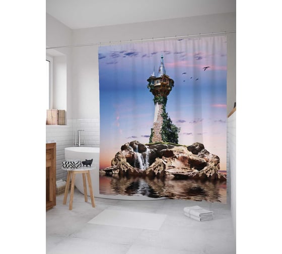Штора (занавеска) для ванной JoyArty "Таинственная башня" из сатена, 180х200 см с крючками, sc_14947 1