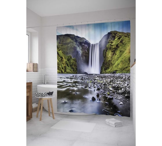 Штора (занавеска) для ванной JoyArty "Путь к водопаду" из сатена, 180х200 см с крючками, sc_10129 1