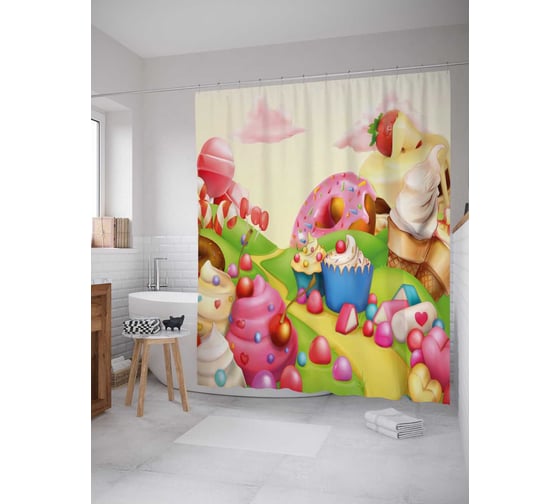 Штора (занавеска) для ванной JoyArty "Долина сладостей" из сатена, 180х200 см с крючками, sc_22979 1
