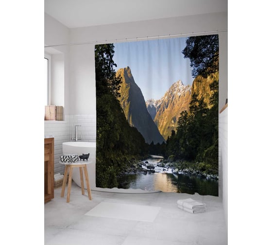 Штора (занавеска) для ванной JoyArty "Мелкая река между гор" из сатена, 180х200 см с крючками, sc_15286 1