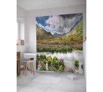 Штора (занавеска) для ванной JoyArty "Горный пейзаж с цветами" из сатена, 180х200 см с крючками, sc_10001