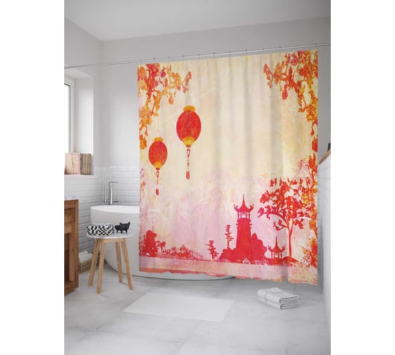 Штора (занавеска) для ванной JoyArty "Японские огоньки" из сатена, 180х200 см с крючками, sc_17362 1