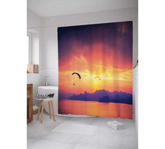 Штора (занавеска) для ванной JoyArty "Парашютист на закате" из сатена, 180х200 см с крючками, sc_17317 1