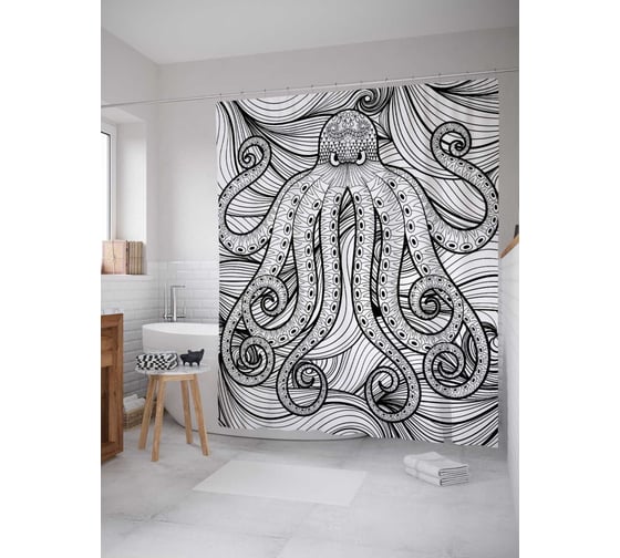 Штора (занавеска) для ванной JoyArty "Агрессивный осьминог" из сатена, 180х200 см с крючками, sc_15092 1