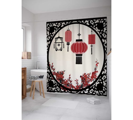 Штора (занавеска) для ванной JoyArty "Креативные фонарики" из сатена, 180х200 см с крючками, sc_17370 1