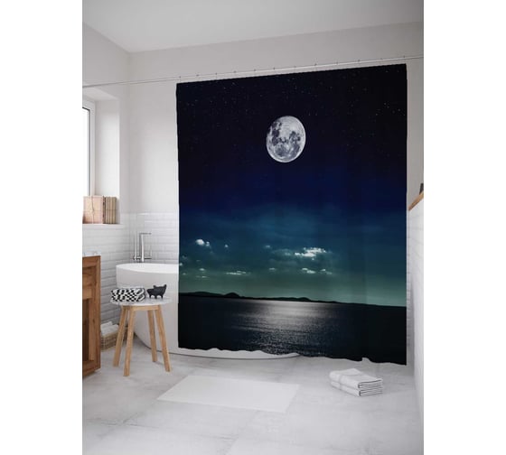 Штора (занавеска) для ванной JoyArty "Полная луна над морем" из сатена, 180х200 см с крючками, sc_15010 1