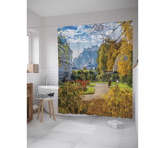 Штора (занавеска) для ванной JoyArty "Осенний пейзаж" из сатена, 180х200 см с крючками, sc_10326 1