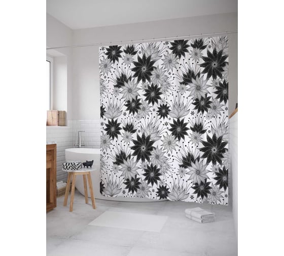 Штора (занавеска) для ванной JoyArty "Цветочные узоры" из сатена, 180х200 см с крючками, sc_13560 1
