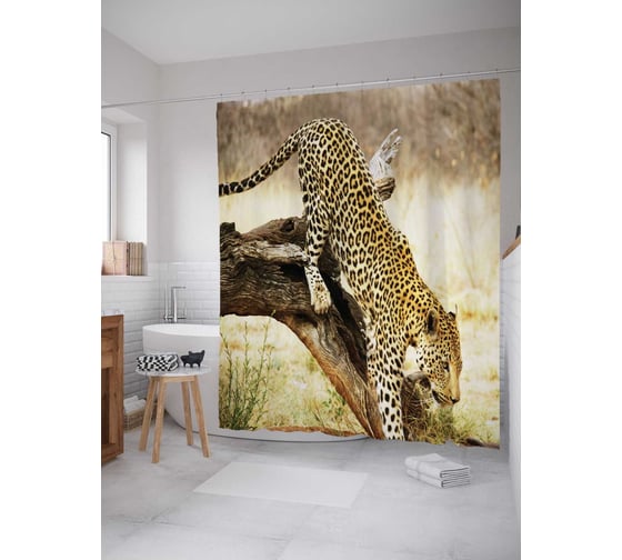 Штора (занавеска) для ванной JoyArty "Леопард на дереве" из сатена, 180х200 см с крючками, sc_10440 1