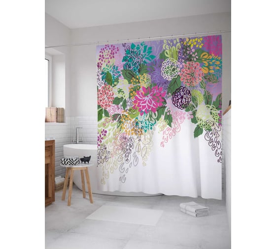Штора (занавеска) для ванной JoyArty "Цветочное изобилие" из сатена, 180х200 см с крючками, sc_13635 1