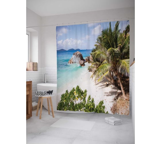 Штора (занавеска) для ванной JoyArty "Тропический отдых" из сатена, 180х200 см с крючками, sc_10346 1