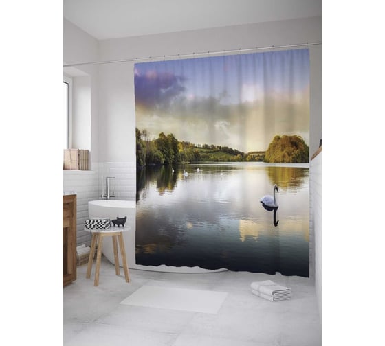 Штора (занавеска) для ванной JoyArty "Лебеди на пруду" из сатена, 180х200 см с крючками, sc_10283 1