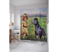 Штора (занавеска) для ванной JoyArty "Девочка гуляет с псом" из сатена, 180х200 см с крючками, sc_15141