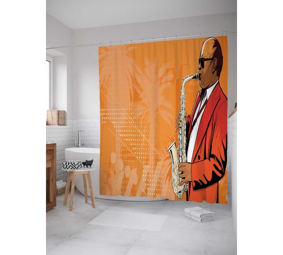 Штора (занавеска) для ванной JoyArty "Саксофон прекрасен" из сатена, 180х200 см с крючками, sc_14217 1