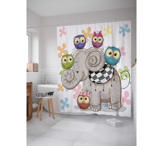 Штора (занавеска) для ванной JoyArty "Слоновые друзья" из сатена, 180х200 см с крючками, sc_13702 1