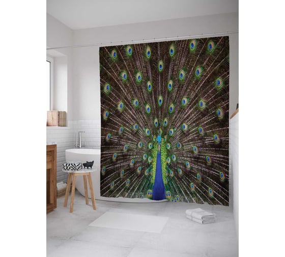 Штора (занавеска) для ванной JoyArty "Безграничный павлин" из сатена, 180х200 см с крючками, sc_17196 1
