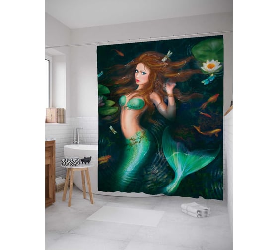 Штора (занавеска) для ванной JoyArty "Смотрящая русалка" из сатена, 180х200 см с крючками, sc_12862 1