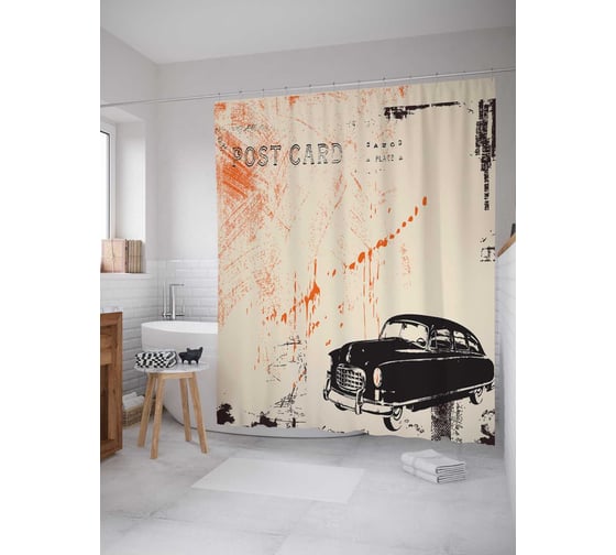 Штора (занавеска) для ванной JoyArty "Автомобильная открытка" из сатена, 180х200 см с крючками, sc_17115 1
