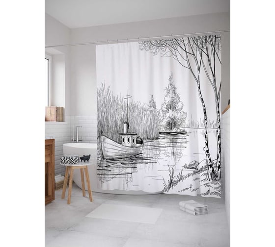 Штора (занавеска) для ванной JoyArty "Лодка по реке" из сатена, 180х200 см с крючками, sc_14968