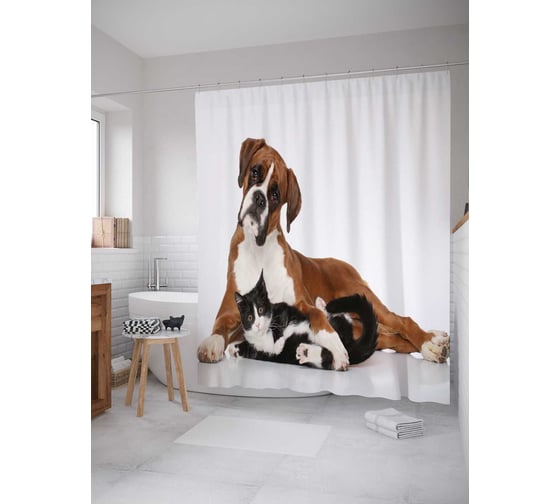 Штора (занавеска) для ванной JoyArty "Дружба кота и пса" из сатена, 180х200 см с крючками, sc_14814 1
