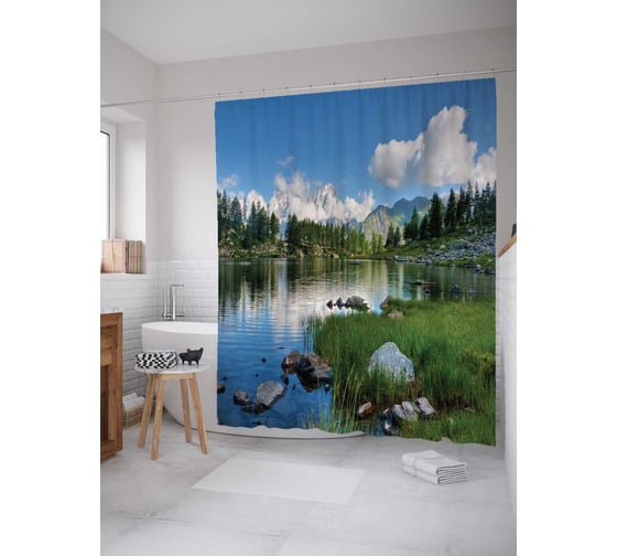 Штора (занавеска) для ванной JoyArty "Каменные берега" из сатена, 180х200 см с крючками, sc_15162 1