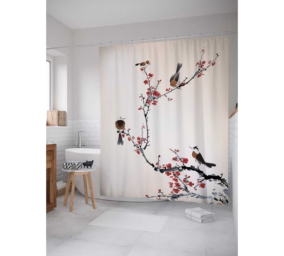 Штора (занавеска) для ванной JoyArty "Компания птиц" из сатена, 180х200 см с крючками, sc_14313 1