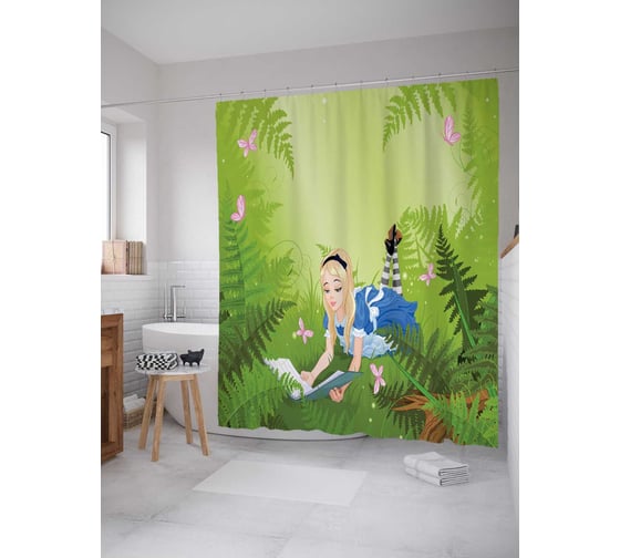Штора (занавеска) для ванной JoyArty "Алиса в зарослях" из сатена, 180х200 см с крючками, sc_14080 1