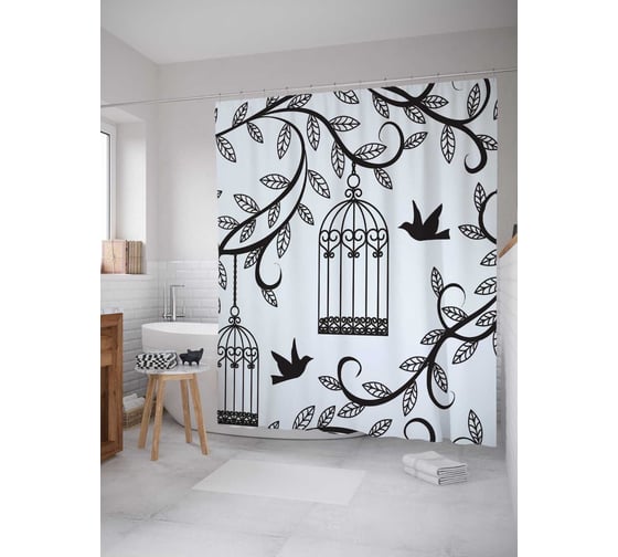 Штора (занавеска) для ванной JoyArty "Птицы гости" из сатена, 180х200 см с крючками, sc_14281 1