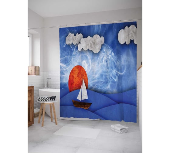Штора (занавеска) для ванной JoyArty "На корабле через океан" из сатена, 180х200 см с крючками, sc_16443 1