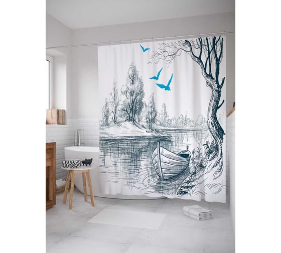 Штора (занавеска) для ванной JoyArty "Лодка в ожидании чуда" из сатена, 180х200 см с крючками, sc_16195 1