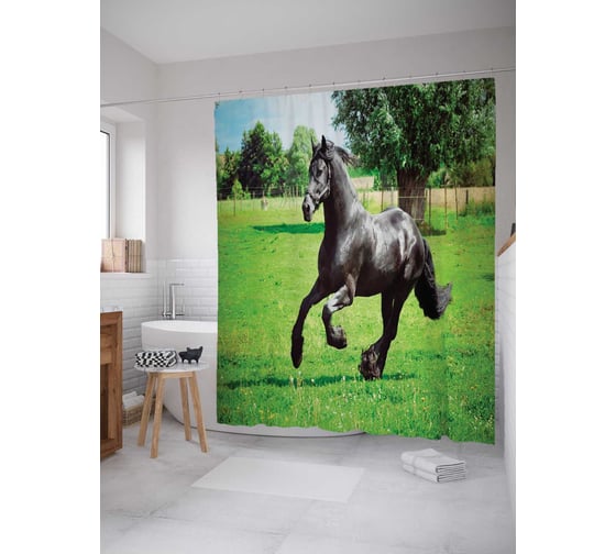 Штора (занавеска) для ванной JoyArty "Лошадь на прогулке" из сатена, 180х200 см с крючками, sc_16166 1