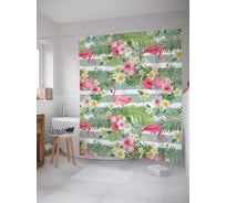 Штора (занавеска) для ванной JoyArty "Фламинго с цветами" из сатена, 180х200 см с крючками, sc_14665