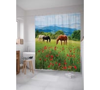 Штора (занавеска) для ванной JoyArty "Кони на пастбище" из сатена, 180х200 см с крючками, sc_16164