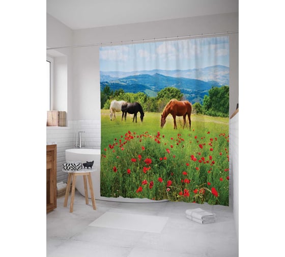 Штора (занавеска) для ванной JoyArty "Кони на пастбище" из сатена, 180х200 см с крючками, sc_16164 1