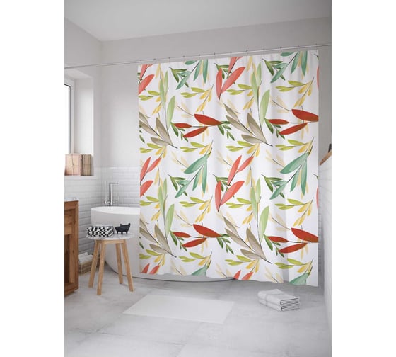 Штора (занавеска) для ванной JoyArty "Лиственный узор" из сатена, 180х200 см с крючками, sc_13302 1