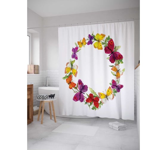 Штора (занавеска) для ванной JoyArty "Композиция с бабочками" из сатена, 180х200 см с крючками, sc_15904 1