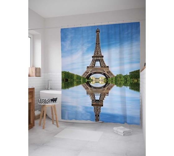 Штора (занавеска) для ванной JoyArty "Голубое небо над парижем" из сатена, 180х200 см с крючками, sc_11308 1