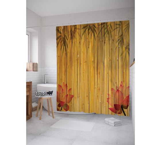 Штора (занавеска) для ванной JoyArty "Бамбуковое заграждение с цветами" из сатена, 180х200 см с крючками, sc_15765 1