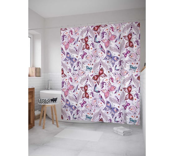 Штора (занавеска) для ванной JoyArty "У бабочек праздник" из сатена, 180х200 см с крючками, sc_15880 1