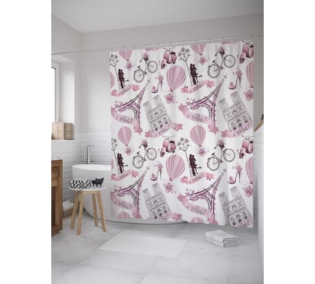 Штора (занавеска) для ванной JoyArty "Парижская влюбленность" из сатена, 180х200 см с крючками, sc_11318