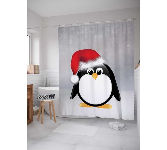 Штора (занавеска) для ванной JoyArty "Пингвин в шапке" из сатена, 180х200 см sc_378749 1
