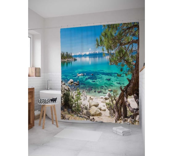 Штора (занавеска) для ванной JoyArty "Вид с жаркого пляжа" из сатена, 180х200 см с крючками, sc_10903 1